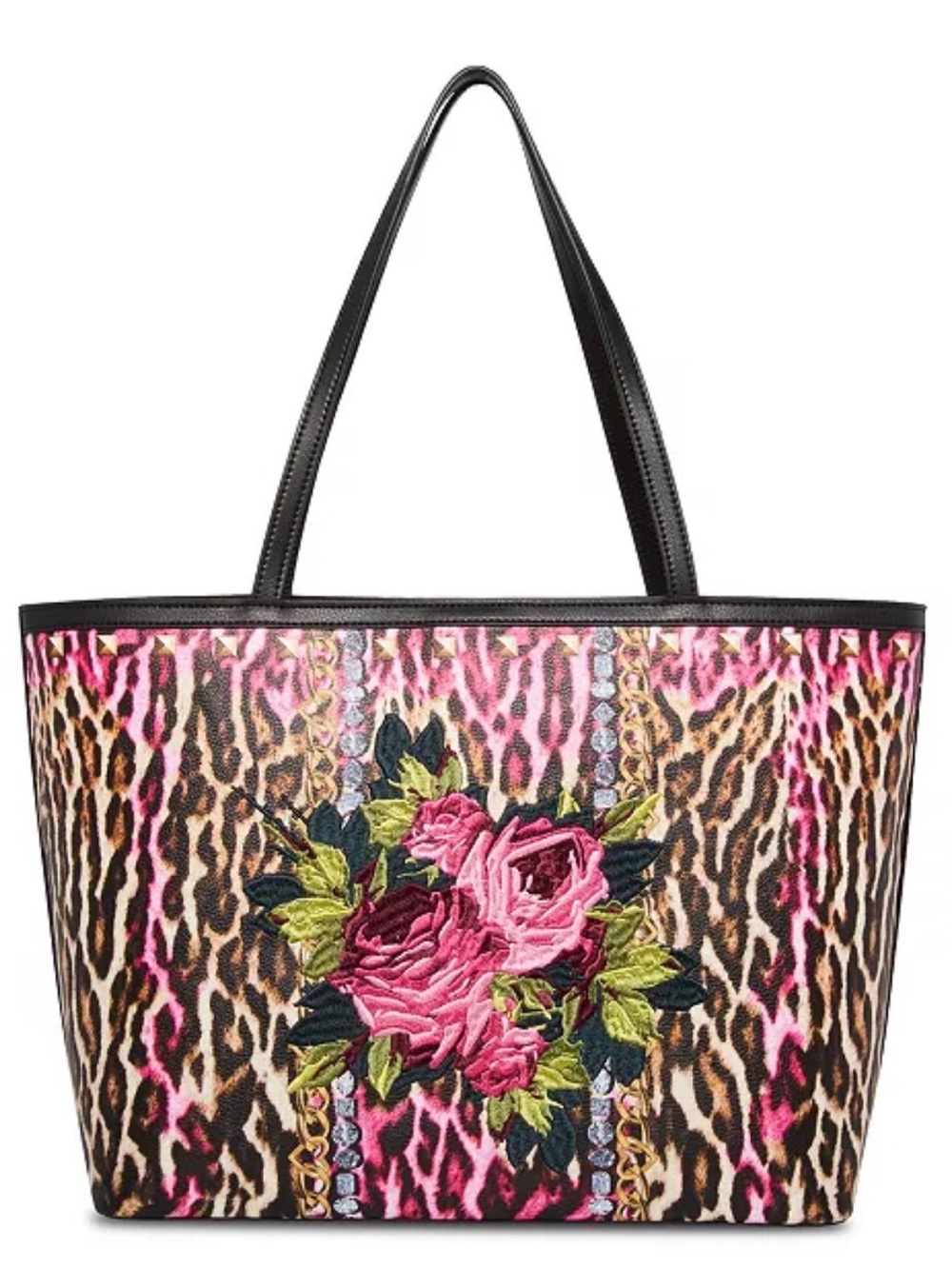NWT Betsey Johnson Pink Floral Leopard Print Tote with Black Handles